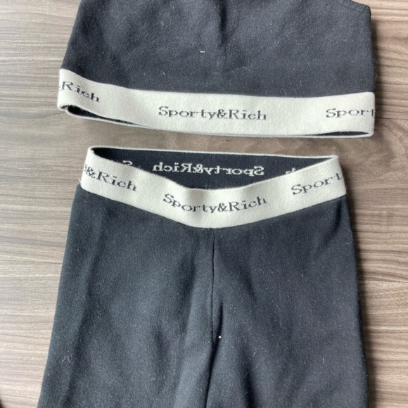 Sporty & Rich Serif Logo Knit Legging and Bra Set Black and White Small - Picture 10 of 12